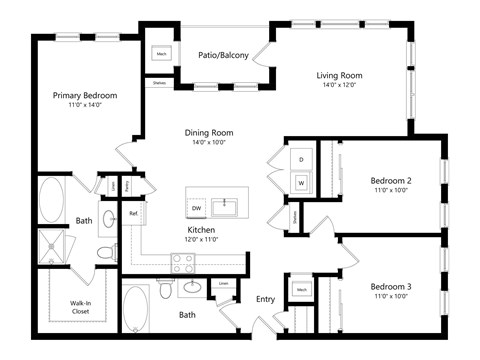 A floor plan of a home with a living room, dining room, kitchen, and three bedrooms.